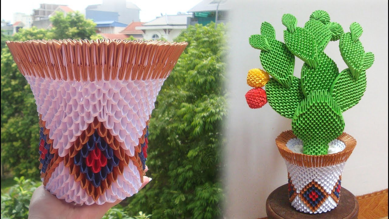 3D Origami Flower Pot 3d Origami Cactus Pot Tutorial Diy Paper Cactus Pot Home Decoration