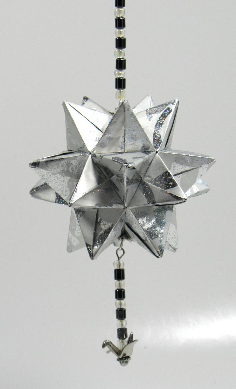 3D Origami Star Fathers Day Gift Home Dcor Modular 3d Origami Star Ball Handmade In Shimmery Silver Paper On Silver Tone Ornament Stand Ooak