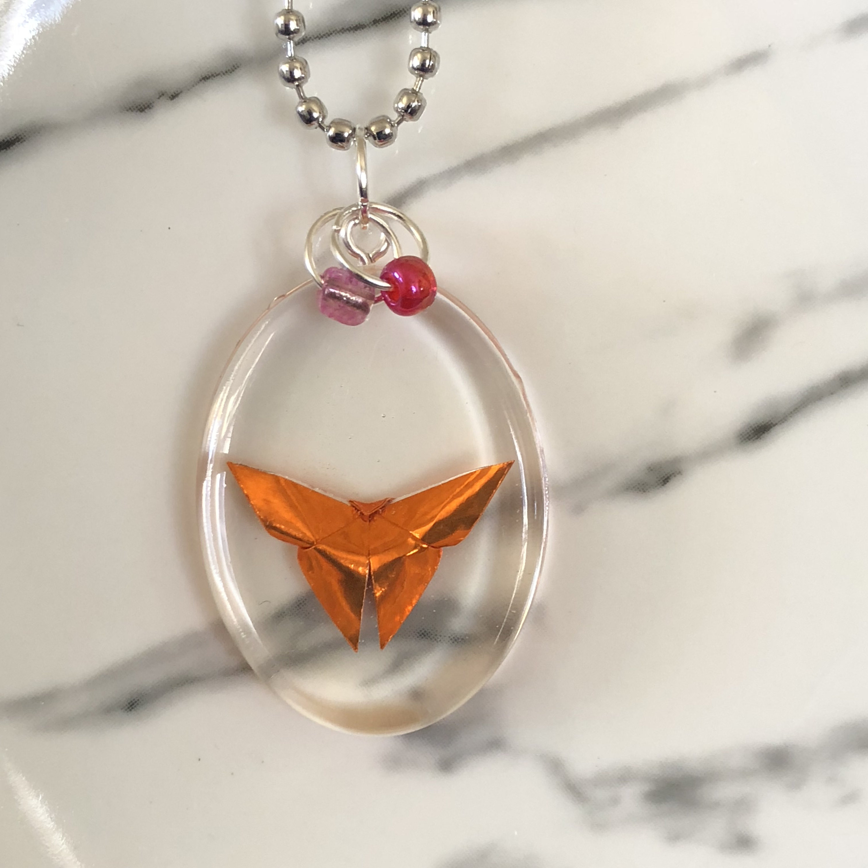 How To Fold Origami Butterfly Butterfly Origami Necklace Copper In Clear Resin Oval Orange Paper Fold Glass Cute Mini Pretty Handmade Original Gift Mom Her Jewelry