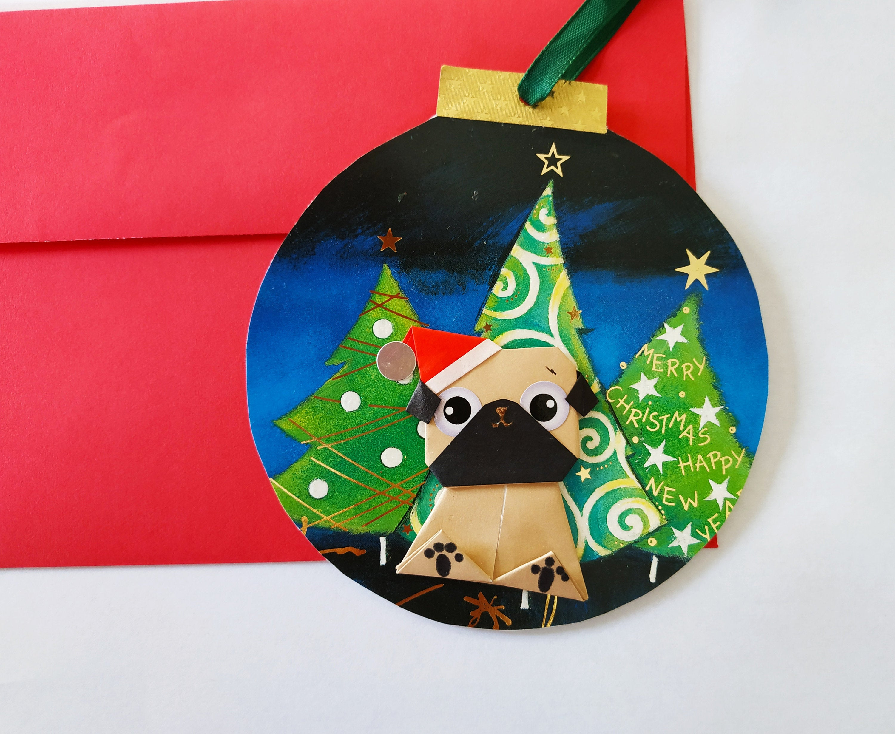 How To Make An Origami Pug Funny Pug Christmas Card Origami Christmas Ball Ornament Fawn Pug Card Dog Christmas Card
