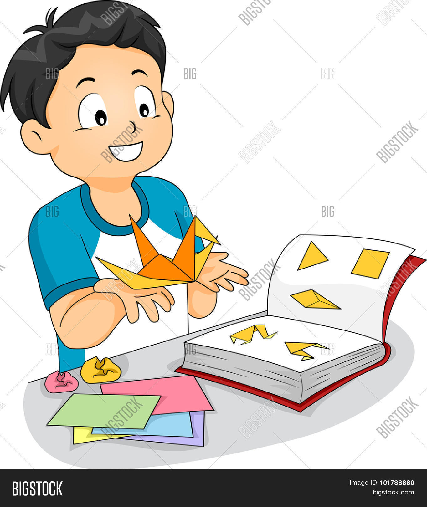 Make An Origami Book Illustration Of A Little Boy Following An Origami Book To Make A