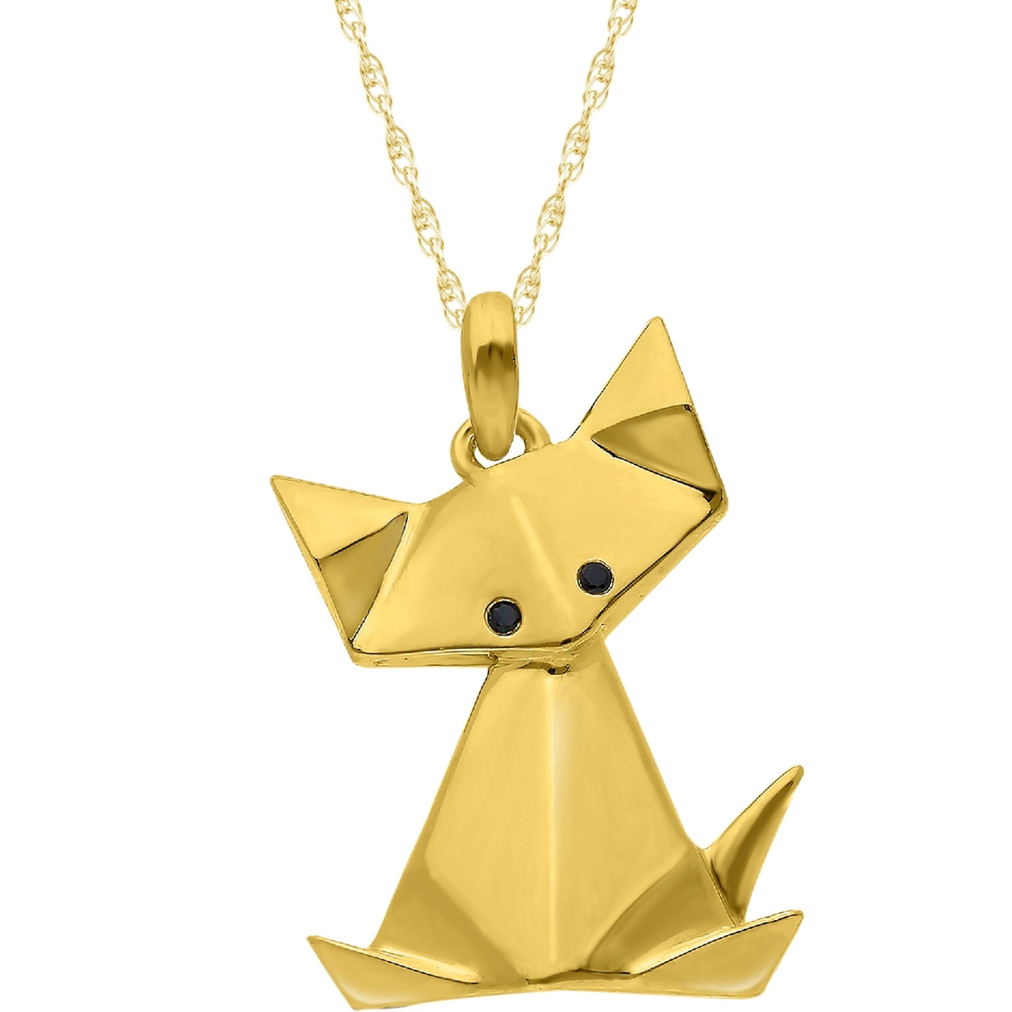Origami Black Cat 14k Yellow Gold Plated Sterling Silver Origami Cat Pendant With