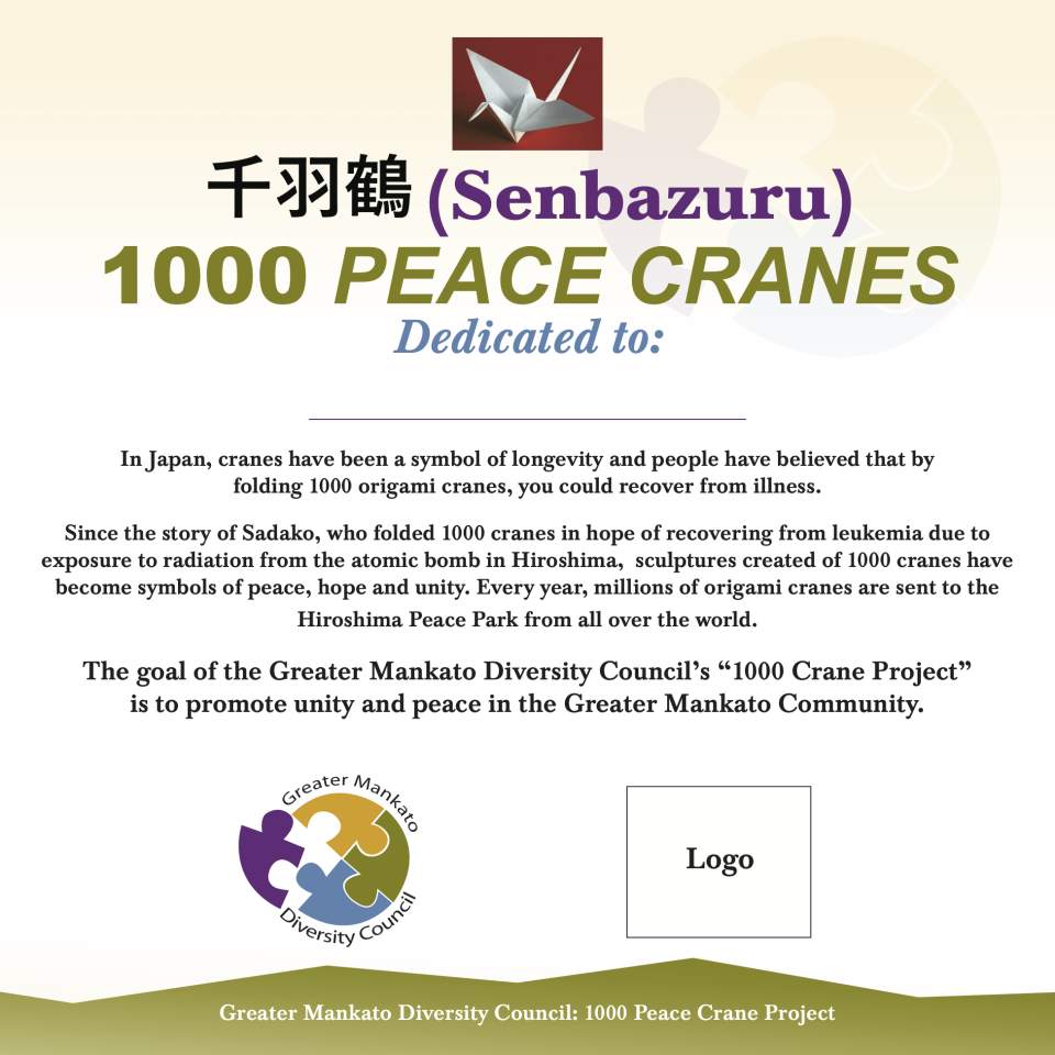 Origami Crane Symbolism 1000 Peace Cranes Greater Mankato Diversity Council