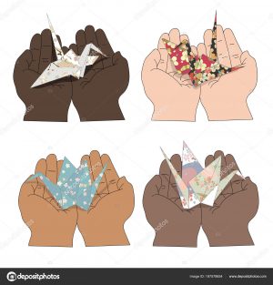 Origami Crane Symbolism Illustration People Hands Different Skin Color Together Holding