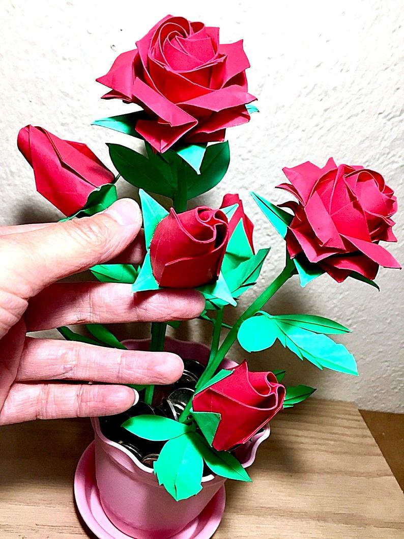 Origami Flower Rose Flower In Pot Paper Roses Origami Pentagon Roses Paper Flowers Rose Bouquet Origami Flower Bouquet Patient Gift Christmas Gift