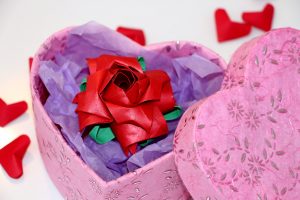 Origami Flower Rose Gift For Her Handmade Red Origami Paper Flower Rose Brooch Heart Box 1st Paper 4th Wedding Anniversary Birthday Present