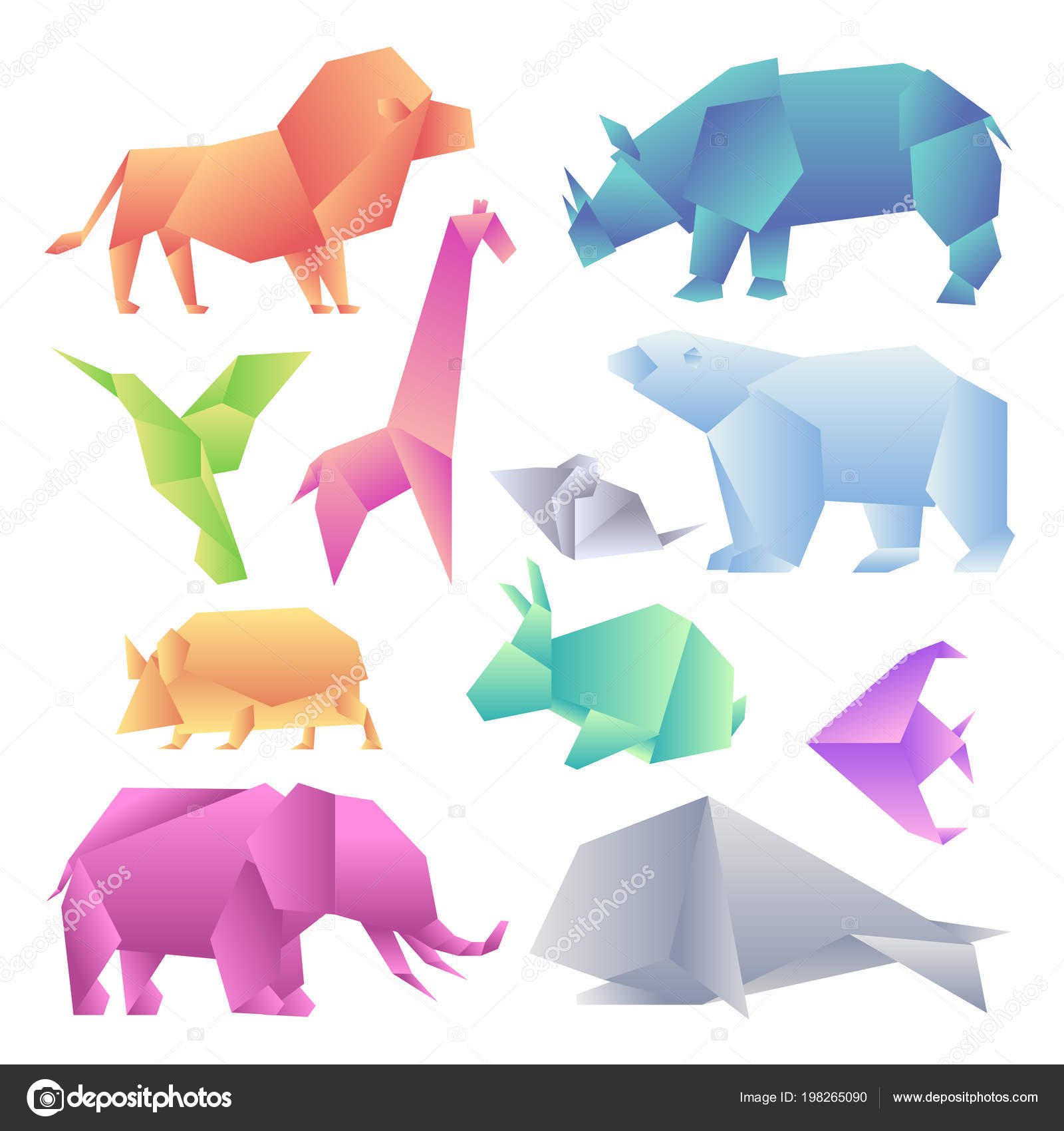 Origami Hummingbird Step By Step Low Poly Modern Gradient Animals Set Origami Gradient Paper Animals