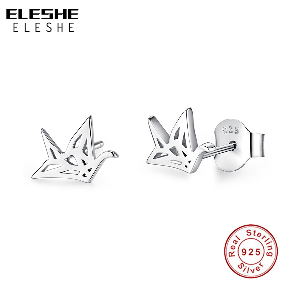 Simple Origami Crane Eleshe New Fashion 925 Sterling Silver Origami Crane Stud Earrings For Women Girls Simple Jewelry Cute Animal Bird Earring